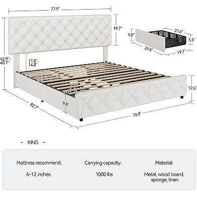 White Faux Leather Bed Frame with 4 Drawers & Adjustable Diamond Tufted Headboard
