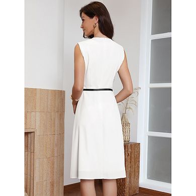 Work Dress for Women Sleeveless Button Decor Belted A Line Business Casual Dresses