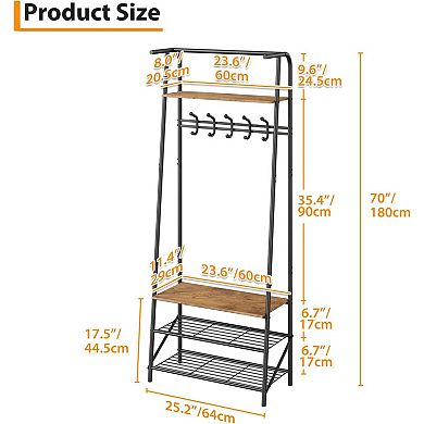 Multifunctional Hall Tree with 5 Hooks & Shoe Bench, Wood-Look Entryway Storage (60cm)