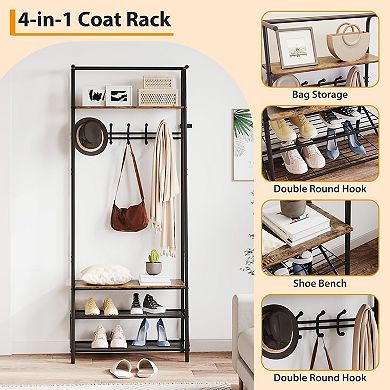 Multifunctional Hall Tree with 5 Hooks & Shoe Bench, Wood-Look Entryway Storage (60cm)