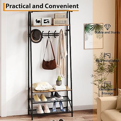 Multifunctional Hall Tree with 5 Hooks & Shoe Bench, Wood-Look Entryway Storage (60cm)