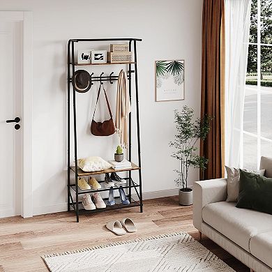 Multifunctional Hall Tree with 5 Hooks & Shoe Bench, Wood-Look Entryway Storage (60cm)