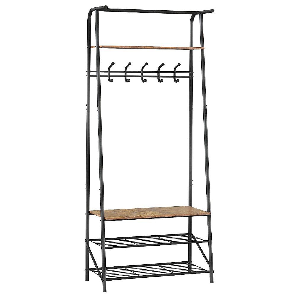 Multifunctional Hall Tree with 5 Hooks & Shoe Bench, Wood-Look