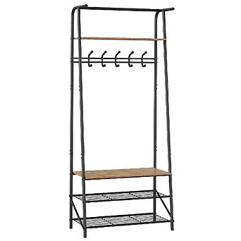 Multifunctional Hall Tree with 5 Hooks & Shoe Bench, Wood-Look Entryway Storage (60cm)