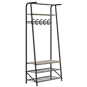 Multifunctional Hall Tree with 5 Hooks & Shoe Bench, Wood-Look Entryway Storage (60cm)