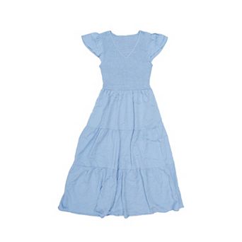 Women's Smocked Dress Flutter Sleeve V Neck Summer A Line Elastic High Waist Tiered Midi Dresses