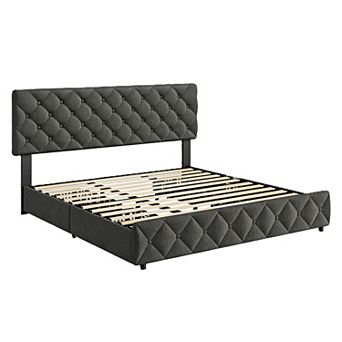 Grey Upholstered Bed Frame with 4 Drawers & Adjustable Diamond Tufted Headboard