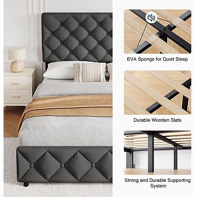 Grey Upholstered Bed Frame with 4 Drawers & Adjustable Diamond Tufted Headboard