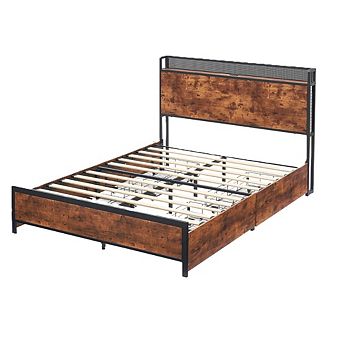 Vintage Brown Bed Frame with 4 Drawers, 2 tier Headboard, Charging & LED