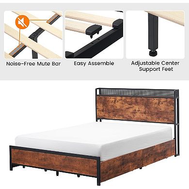 Vintage Brown Bed Frame with 4 Drawers, 2-Tier Headboard, Charging & LED