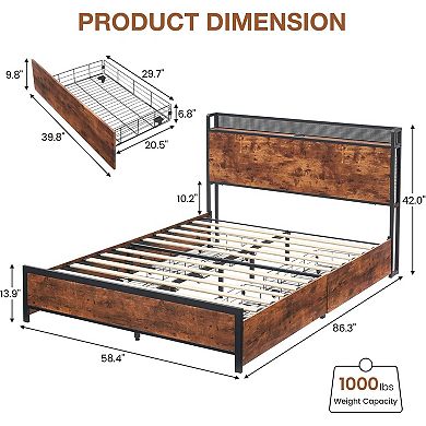 Vintage Brown Bed Frame with 4 Drawers, 2-Tier Headboard, Charging & LED