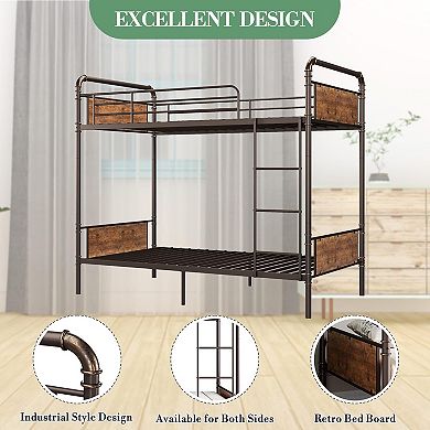 Metal Bunk Bed Frame with Guardrail & Ladder, Converts to 2 Beds, Easy Assembly