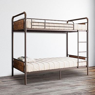 Metal Bunk Bed Frame with Guardrail & Ladder, Converts to 2 Beds, Easy Assembly