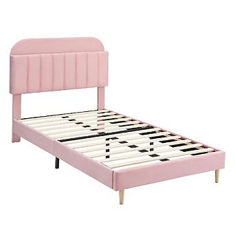 Velvet Upholstered Bed Frame with Storage Headboard, Wood Slats & No Box Spring