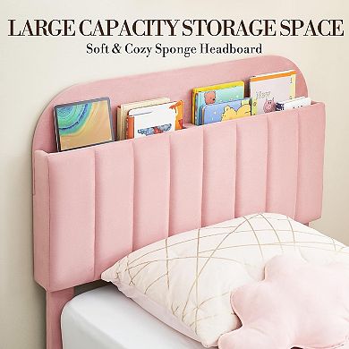 Velvet Upholstered Bed Frame with Storage Headboard, Wood Slats & No Box Spring