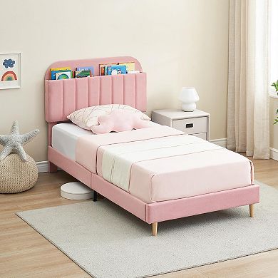 Velvet Upholstered Bed Frame with Storage Headboard, Wood Slats & No Box Spring
