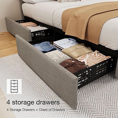 Linen Upholstered Bed Frame with 4 Drawers & Tufted Headboard, Wood Slats, No Box Spring
