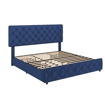 Linen Upholstered Bed Frame with 4 Drawers & Tufted Headboard, Wood Slats, No Box Spring