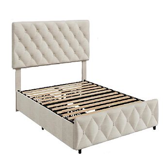 Linen Upholstered Bed Frame with 4 Drawers & Tufted Headboard, Wood Slats, No Box Spring