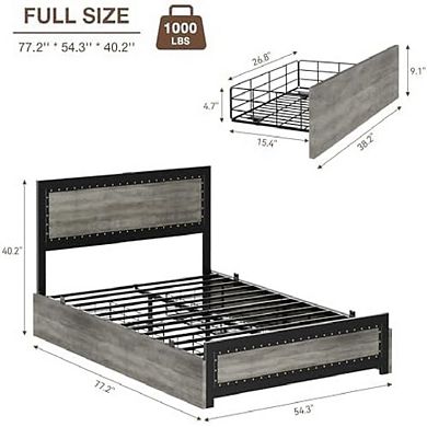 Industrial Bed Frame with Headboard, 4 Drawers & Charging Station, Noise Free & Easy Install