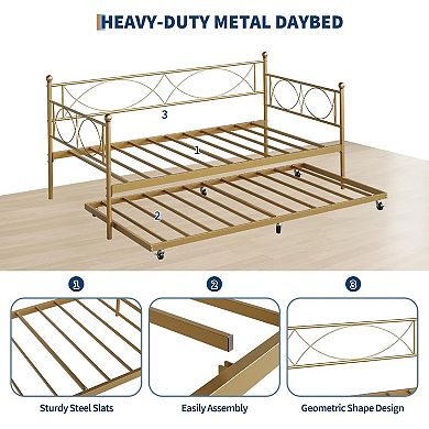 Metal Daybed with Trundle, Bed Frame with Steel Slats for Multi-Room Use