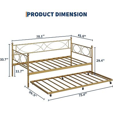 Metal Daybed with Trundle, Bed Frame with Steel Slats for Multi-Room Use