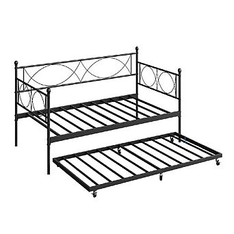 Metal Daybed with Trundle, Bed Frame with Steel Slats for Multi-Room Use