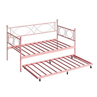 Metal Daybed with Trundle, Bed Frame with Steel Slats for Multi-Room Use