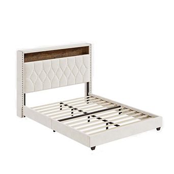 White Upholstered Platform Bed with LED Light & Charging Station, Button Headboard