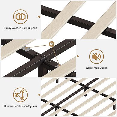 White Upholstered Platform Bed with LED Light & Charging Station, Button Headboard