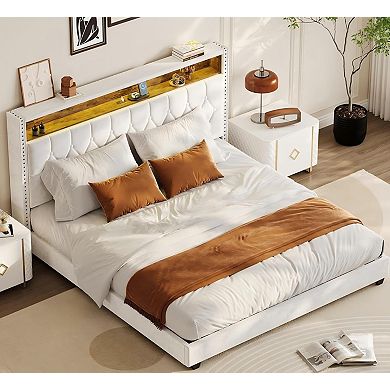 White Upholstered Platform Bed with LED Light & Charging Station, Button Headboard