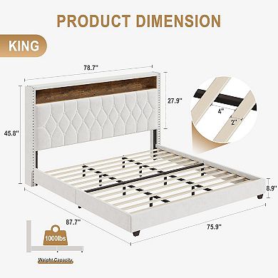 White Upholstered Platform Bed with LED Light & Charging Station, Button Headboard