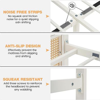 Boho Cane Bed Frame with Headboard, Metal Slats, Noise Free & No Box Spring