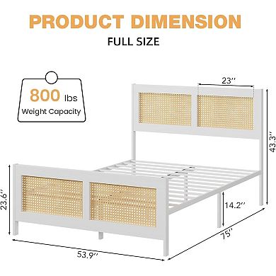 Boho Cane Bed Frame with Headboard, Metal Slats, Noise Free & No Box Spring