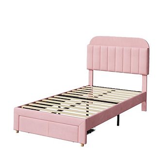 Pink Kids Bed Frame with Bookcase Headboard & Storage Drawer, Noise Free & Easy Assembly
