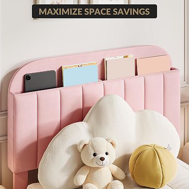 Pink Kids Bed Frame with Bookcase Headboard & Storage Drawer, Noise Free & Easy Assembly