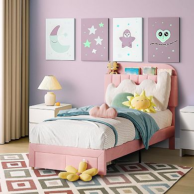 Pink Kids Bed Frame with Bookcase Headboard & Storage Drawer, Noise Free & Easy Assembly