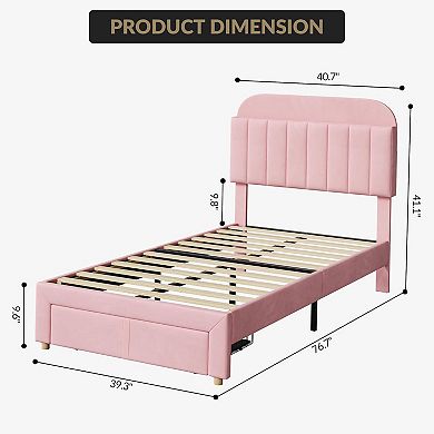 Pink Kids Bed Frame with Bookcase Headboard & Storage Drawer, Noise Free & Easy Assembly