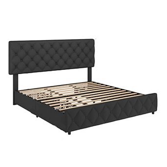 Black Linen Bed Frame with 4 Drawers & Adjustable Diamond Tufted Headboard