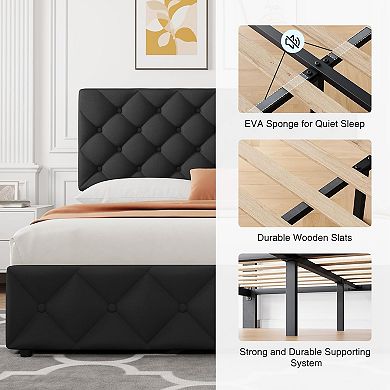 Black Linen Bed Frame with 4 Drawers & Adjustable Diamond Tufted Headboard