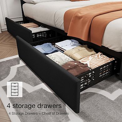 Black Linen Bed Frame with 4 Drawers & Adjustable Diamond Tufted Headboard