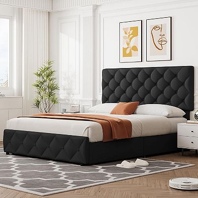 Black Linen Bed Frame with 4 Drawers & Adjustable Diamond Tufted Headboard