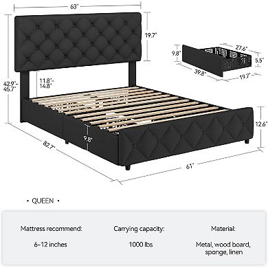 Black Linen Bed Frame with 4 Drawers & Adjustable Diamond Tufted Headboard