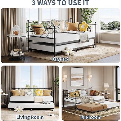 Daybed with Heart Headboard & Trundle, Heavy Duty Metal Sofa Bed for Multi-Room Use