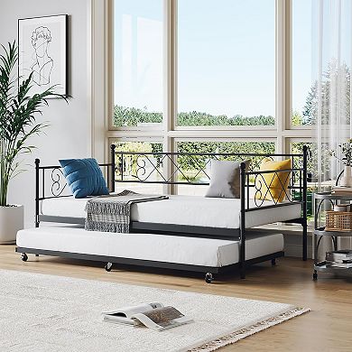 Daybed with Heart Headboard & Trundle, Heavy Duty Metal Sofa Bed for Multi-Room Use