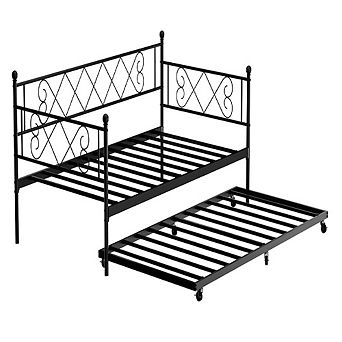 Daybed with Heart Headboard & Trundle, Heavy Duty Metal Sofa Bed for Multi-Room Use