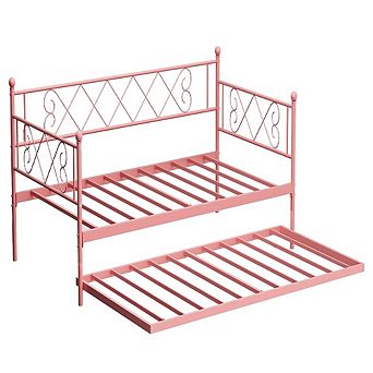 Daybed with Heart Headboard & Trundle, Heavy Duty Metal Sofa Bed for Multi-Room Use