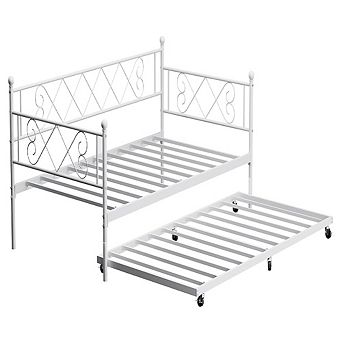 Daybed with Heart Headboard & Trundle, Heavy Duty Metal Sofa Bed for Multi-Room Use