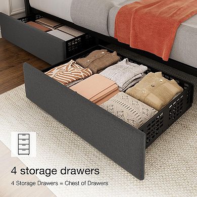 Grey Linen Bed Frame with 4 Drawers, Wood Slats, Noise Free & Easy Assembly