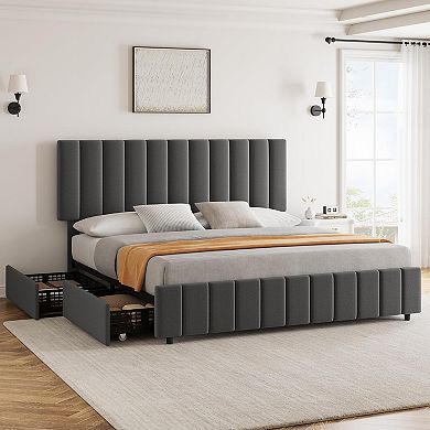 Grey Linen Bed Frame with 4 Drawers, Wood Slats, Noise Free & Easy Assembly